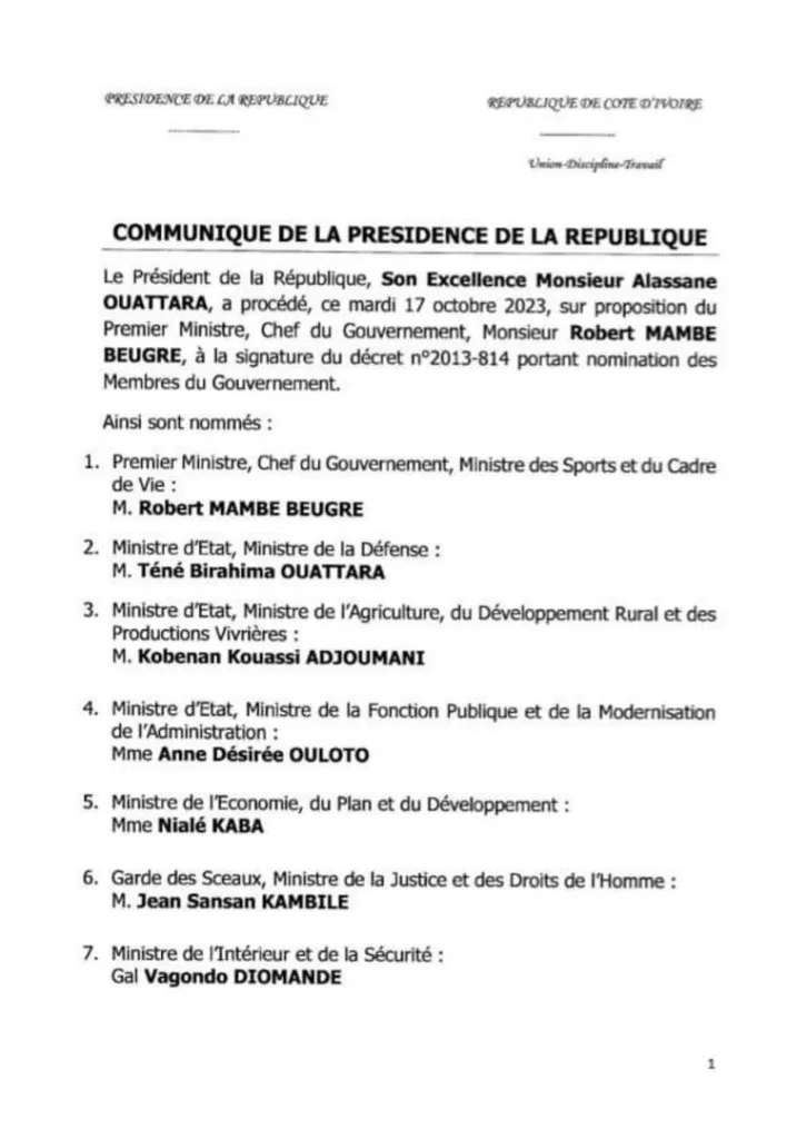 Liste du nouveu gouvernement