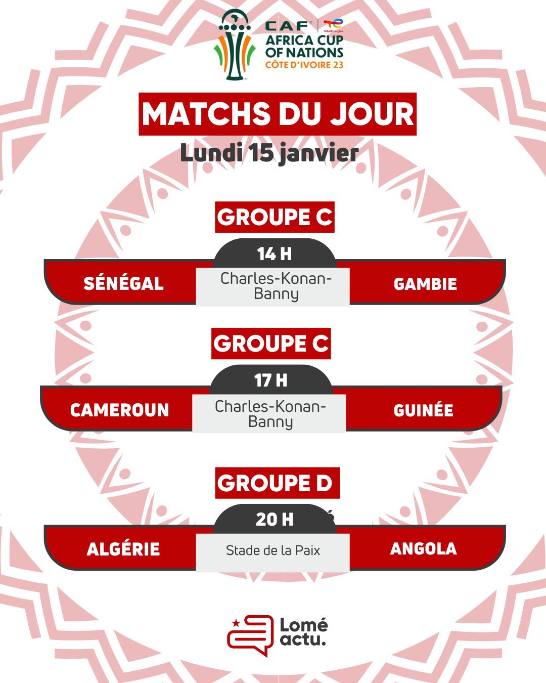 Sénégal vs Programme de la CAN 2024 ce 15 janvier Lomé Actu