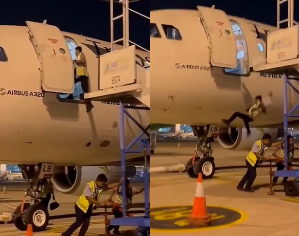 Vidéo : Un travailleur chute de plusieurs mètres d'un avion après que...